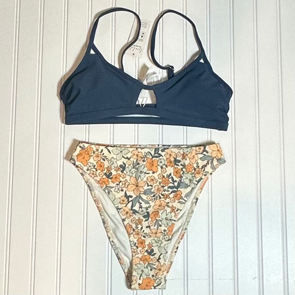 Cupshe Women Bikini Swimsuit Blue Floral Cutout High Leg Size S NWT